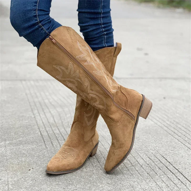 Suede Cowboy Boots Pointed Toe Block Heel Western